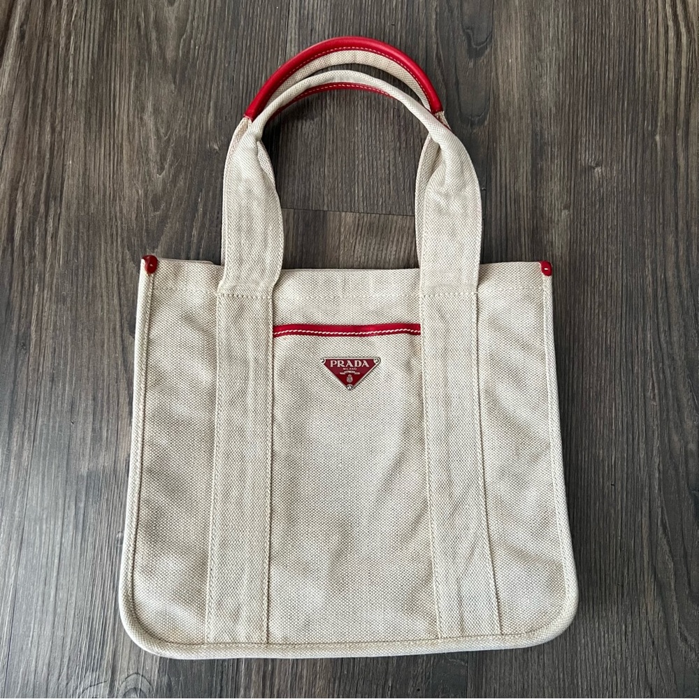 Prada Authentic Canvas Tote With Red Leather Trim - image 1
